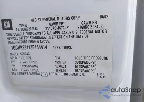 2003 Chevrolet Silverado 2500Hd Lt z USA, uszkodzony, nr VIN 1GCHK23113F144414